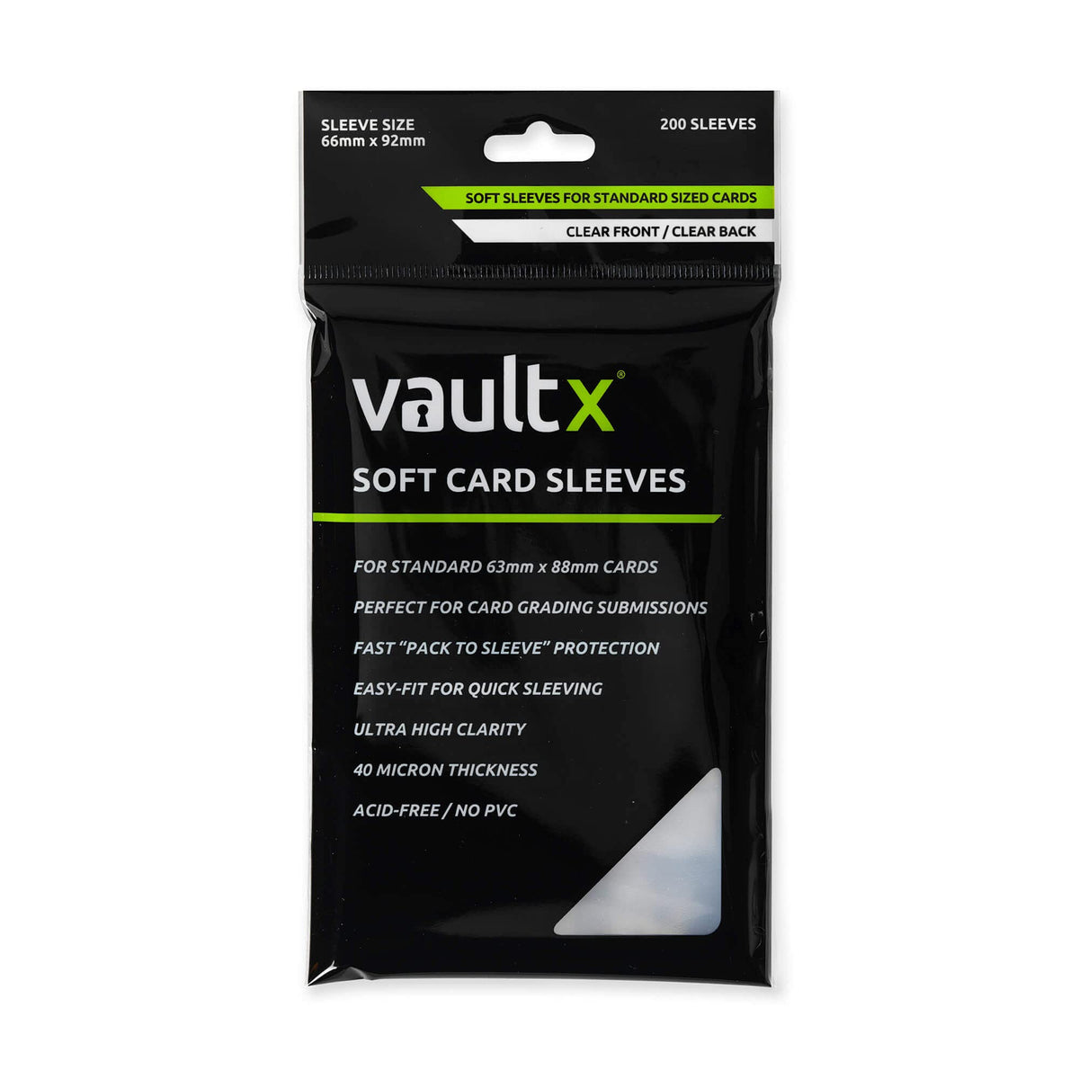 Vault X Soft Sleeves 200-pack closeup showing crystal-clear archival protection for standard trading cards.