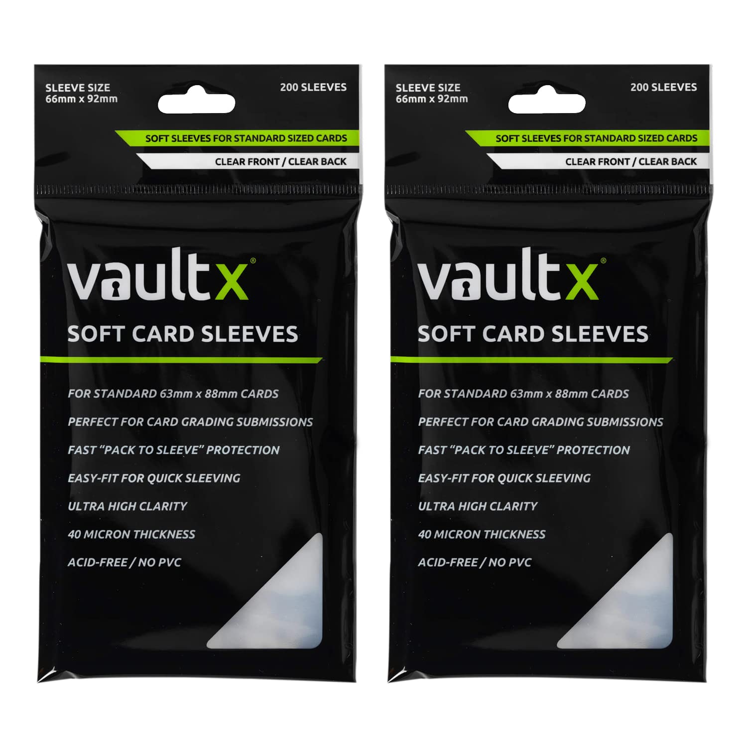 Vault X soft sleeves front view showing crystal clarity for easy card viewing.