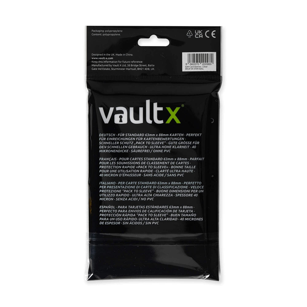 Vault X Soft Sleeves archive-safe polypropylene image highlights non-migrating, archival-grade card protection.