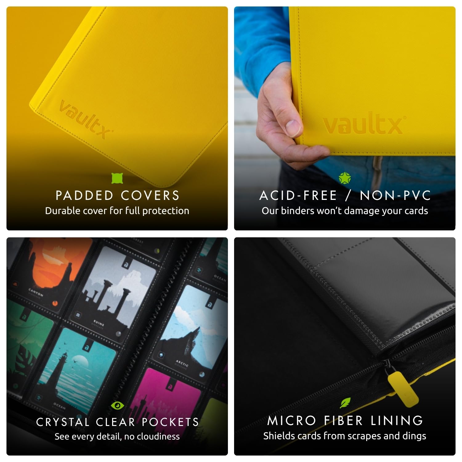 Zipper closure keeps cards securely contained during transport.