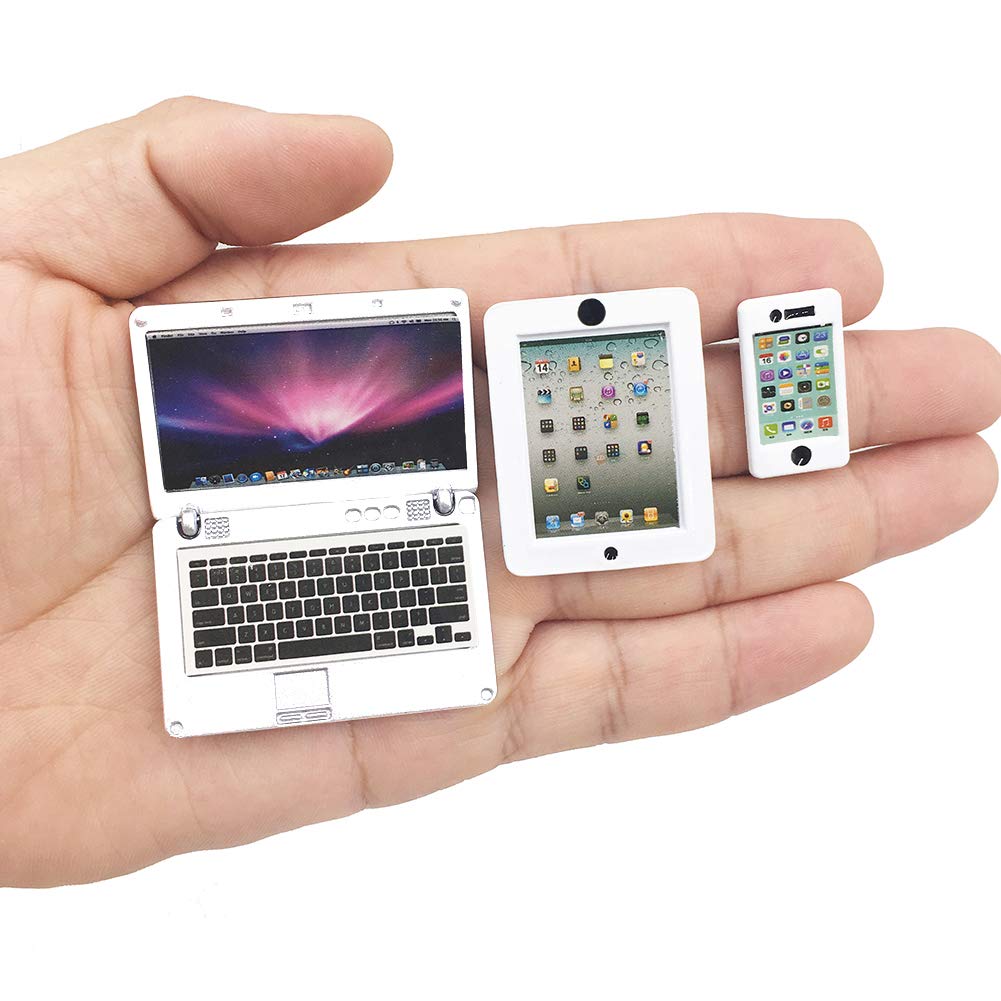 Vawuz dollhouse mini laptop in silver opens for interactive scenes.