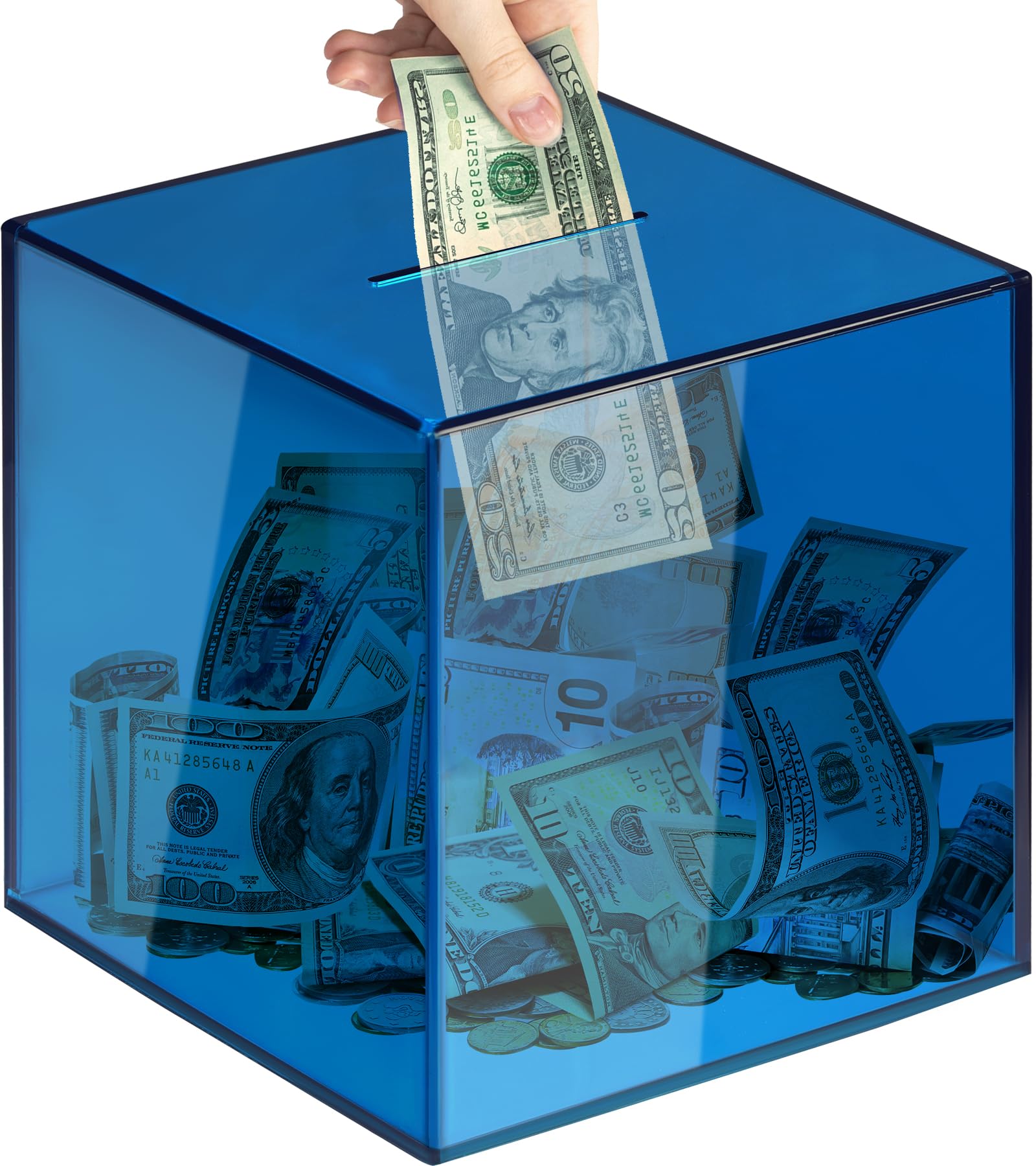 Vcertcpl acrylic clear piggy bank blue cube front view for modern savings display