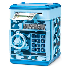 Vcertcpl ATM piggy bank camouflage light blue front view promotes safe saving for kids.