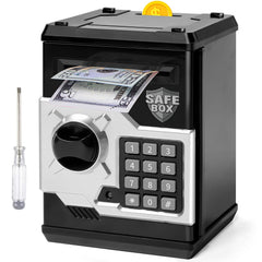 Vcertcpl ATM piggy bank front view shows sleek black-silver design for safe kid savings.