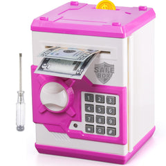 Vcertcpl ATM piggy bank front view in purple and white for secure kids savings