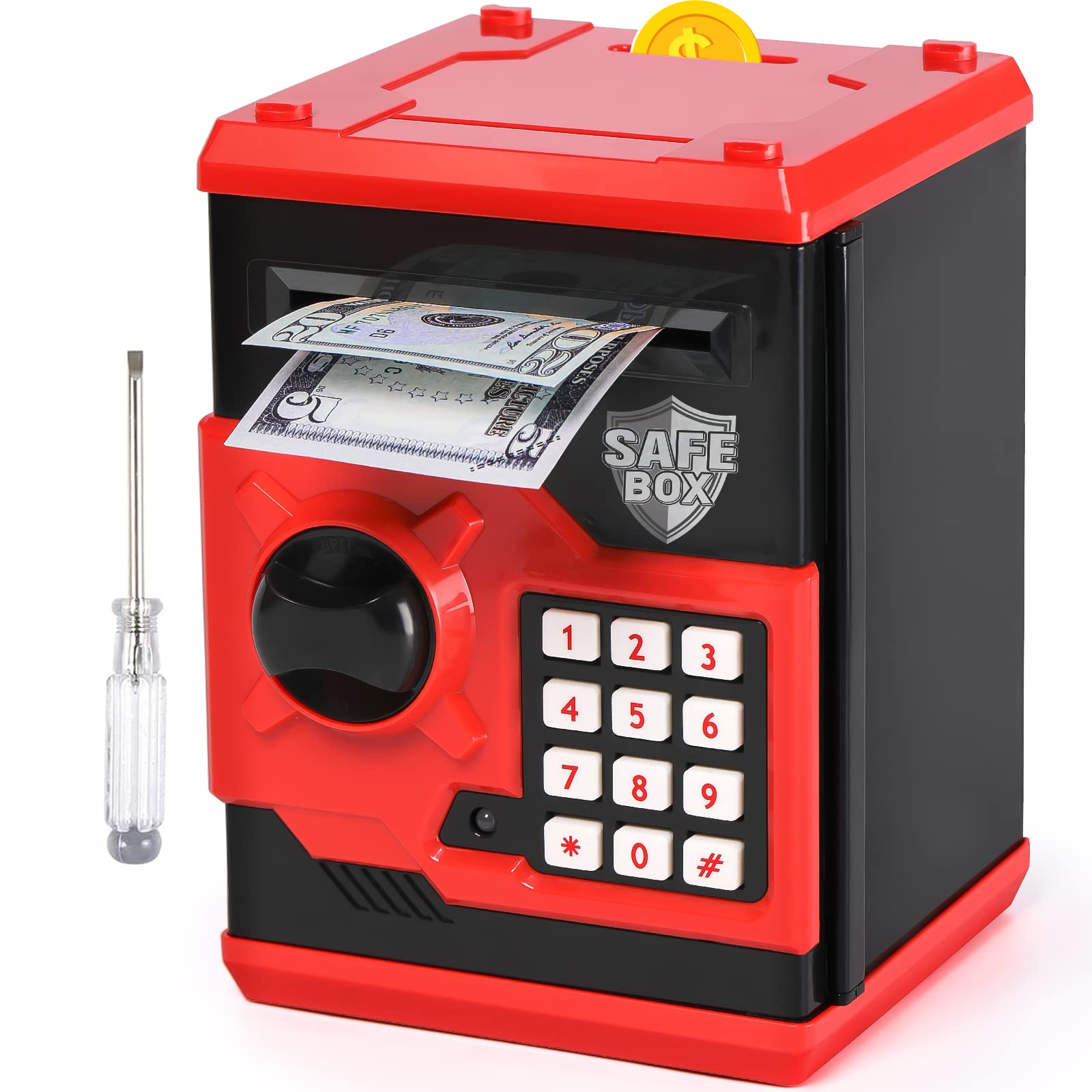 Vcertcpl ATM piggy bank front view showing secure 4-digit code for kids' savings