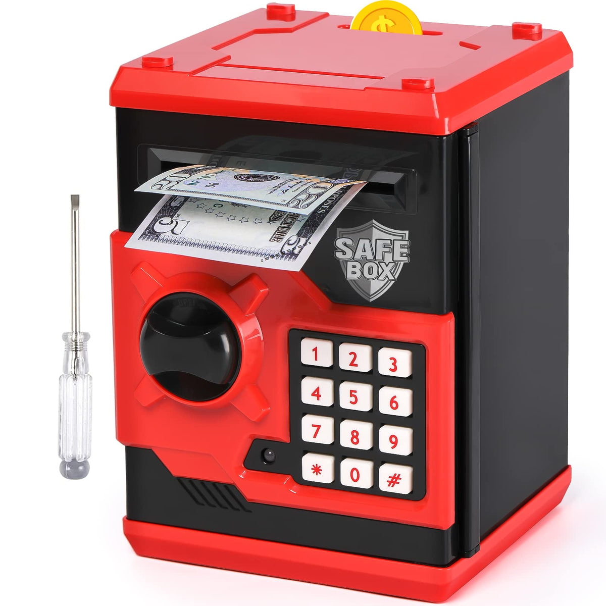 Vcertcpl ATM piggy bank front view showing secure 4-digit code for kids' savings