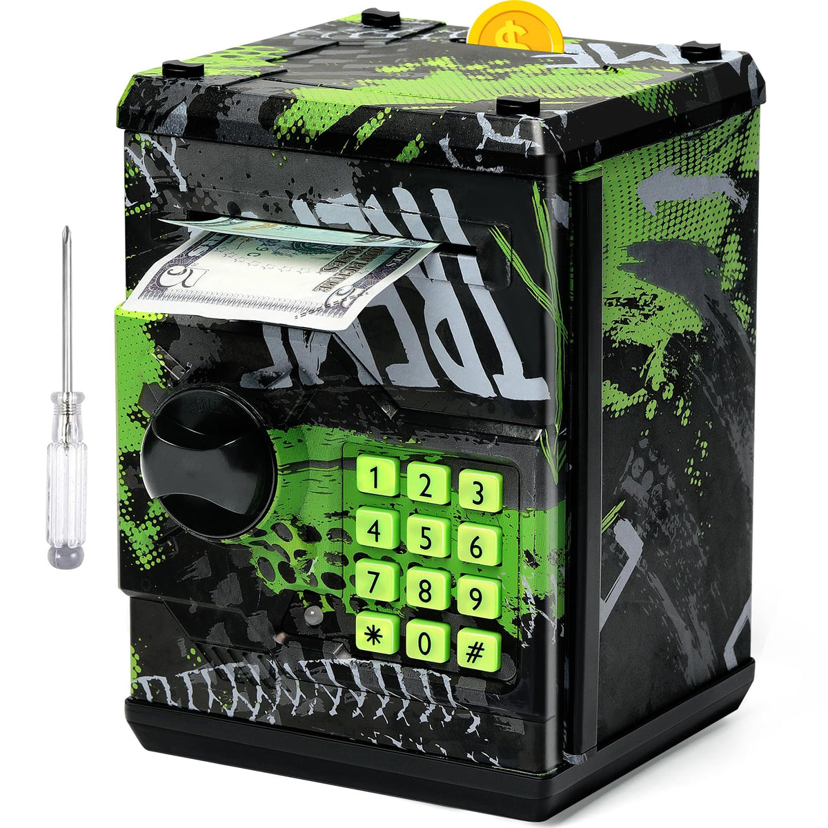 Vcertcpl ATM piggy bank with secure door and 4-digit code for savings.