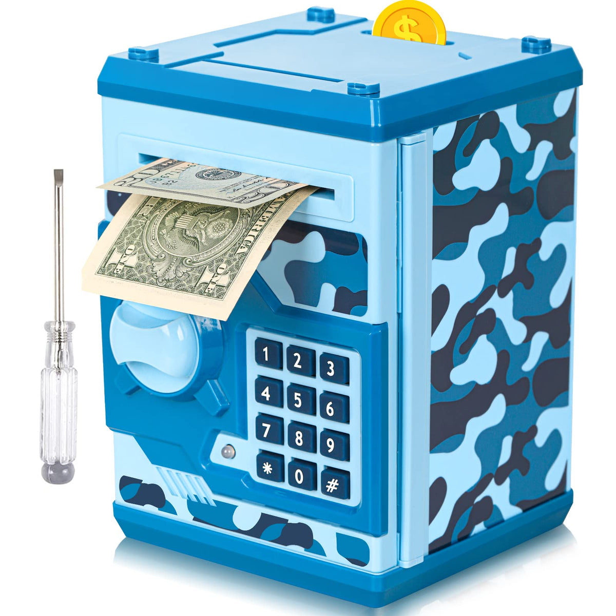 Vcertcpl camouflage blue ATM piggy bank front view stores allowances securely.