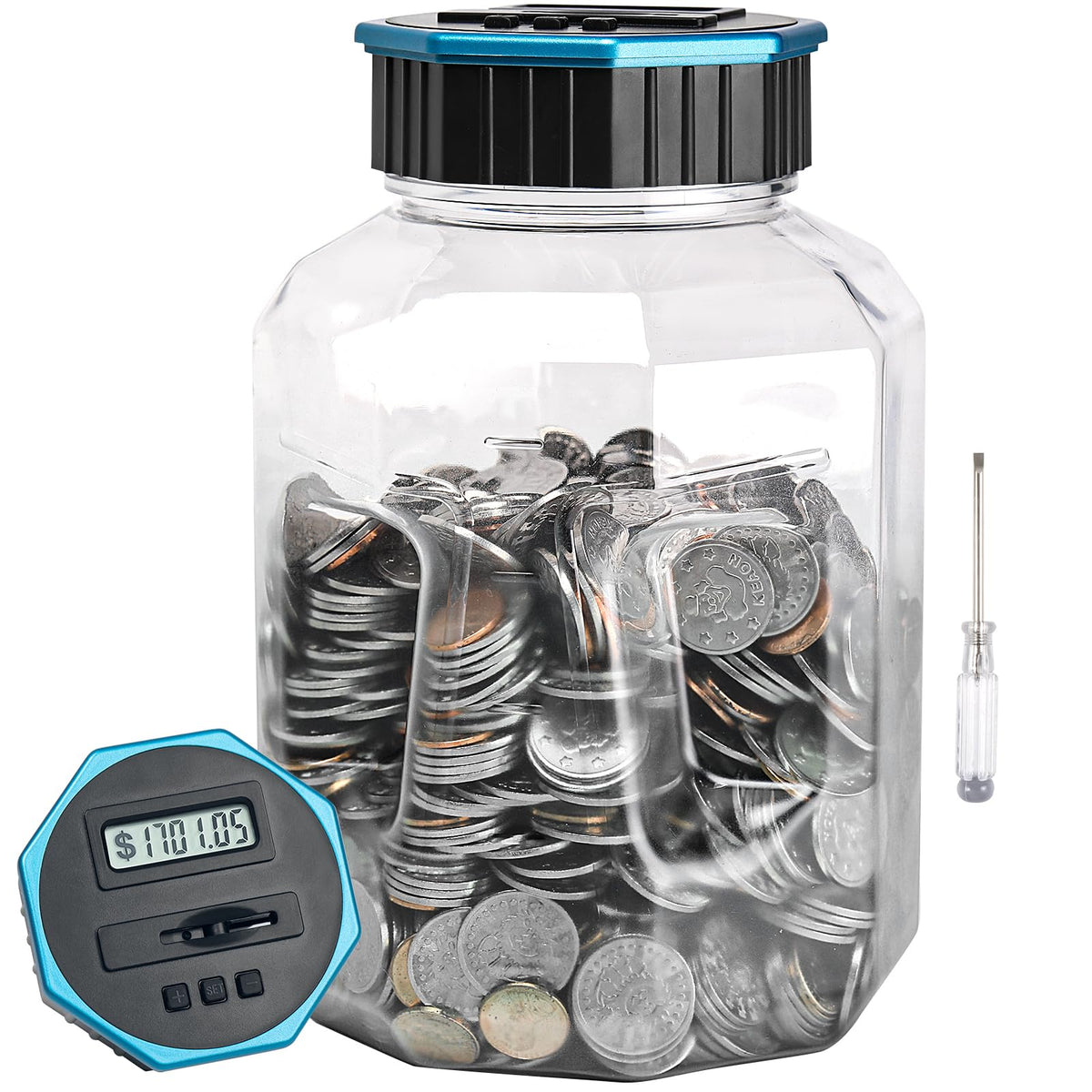 Vcertcpl piggy bank front view with LCD counter and 2.4L capacity for savings.