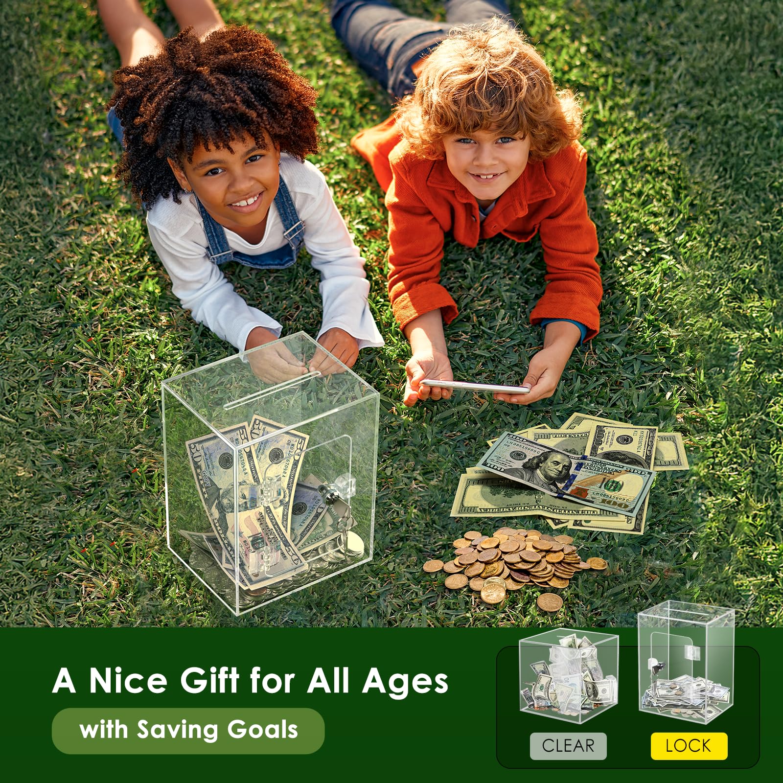 Vcertcpl X-Large clear piggy bank lock side view highlights sturdy acrylic and long-term use