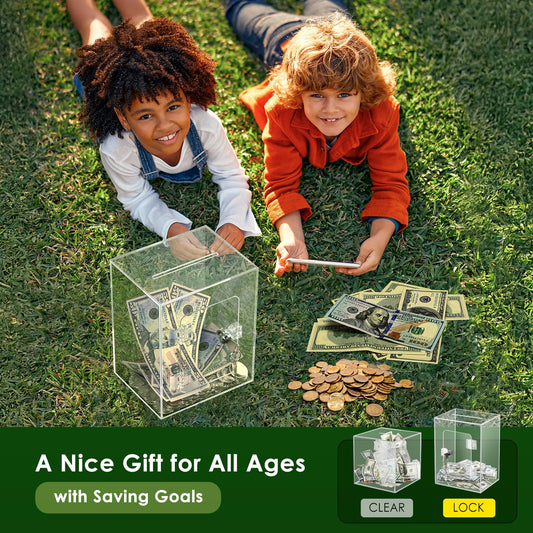 Vcertcpl X-Large clear piggy bank lock side view highlights sturdy acrylic and long-term use