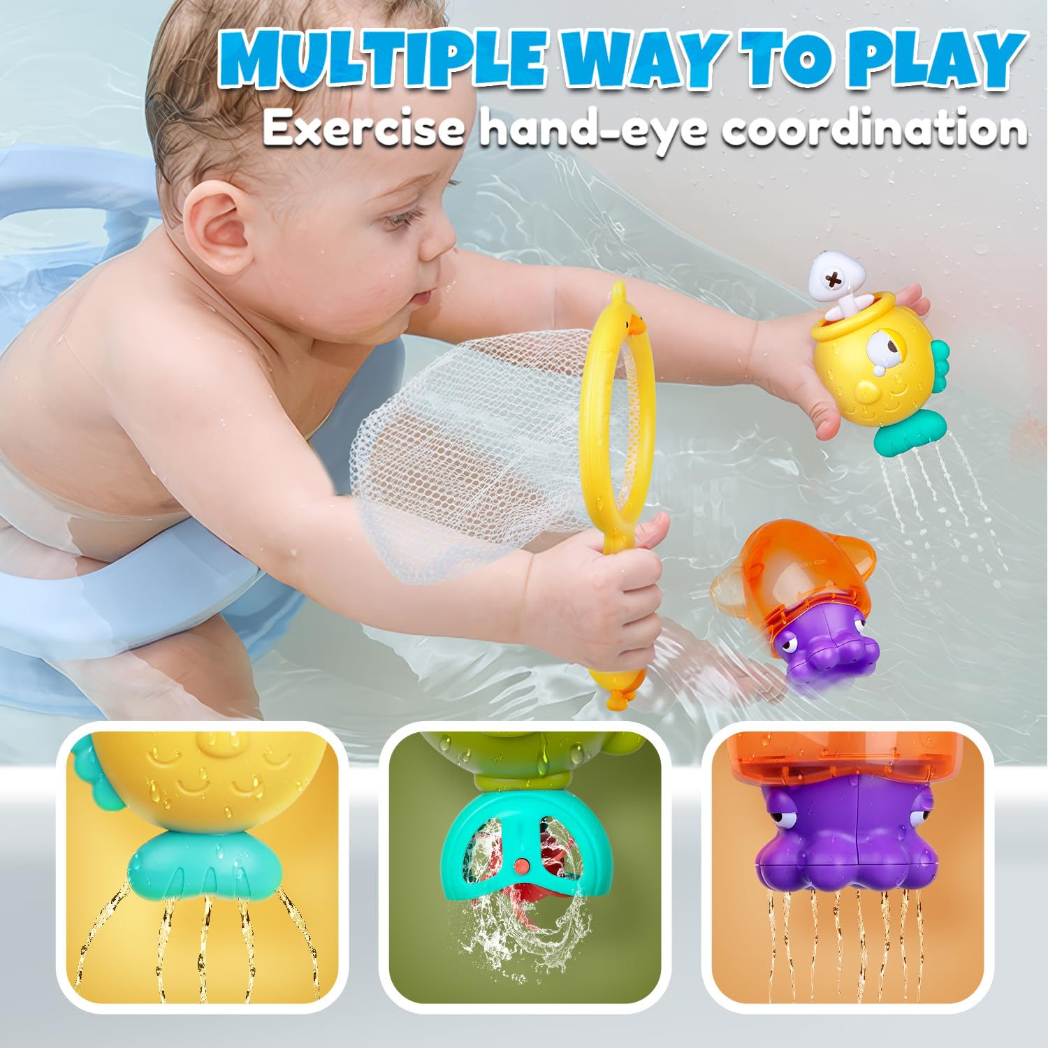 VConejo bath toy fishing net for easy scooping during water play.