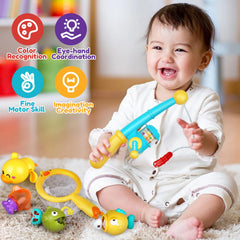VConejo green fish toy supporting hand-eye coordination during bath play.