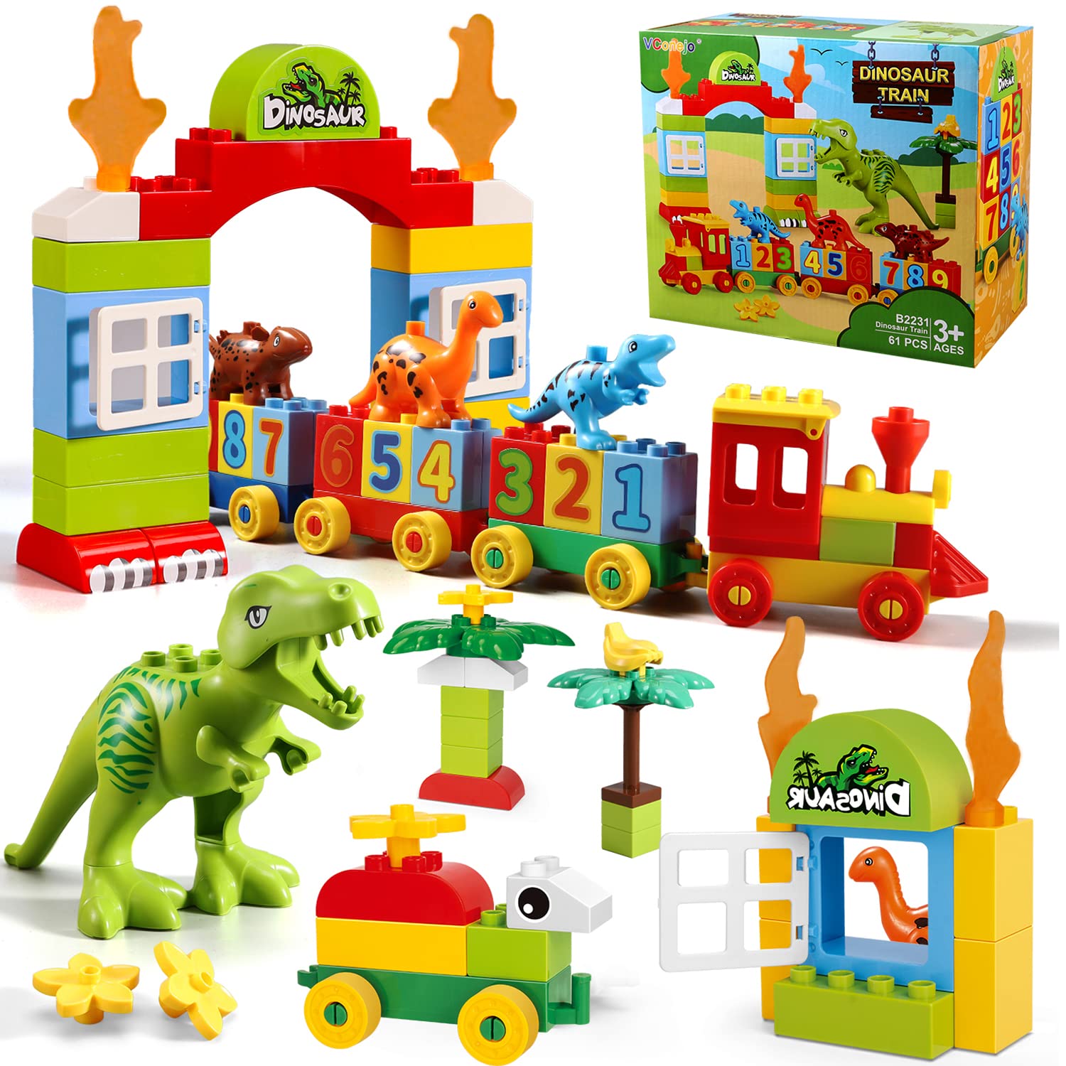 VConejo dinosaur building blocks train section promotes spatial awareness and fine motor skills.