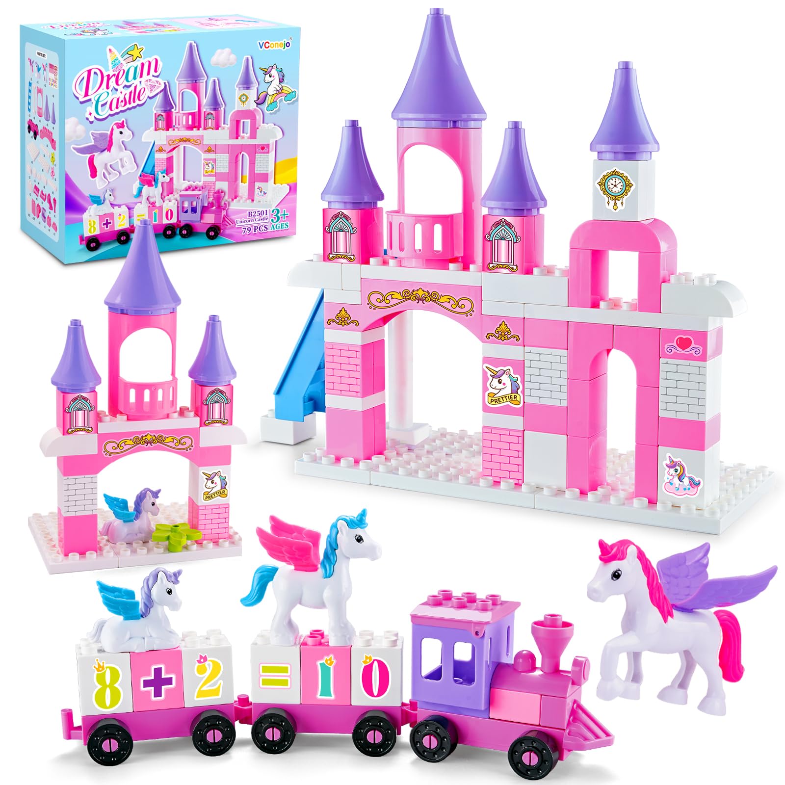 VConejo unicorn castle pieces for creative play that builds fine motor skills.