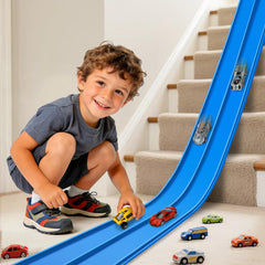Vcsaq Flexible Track 15ft setup with colorful bendable lanes for indoor racing