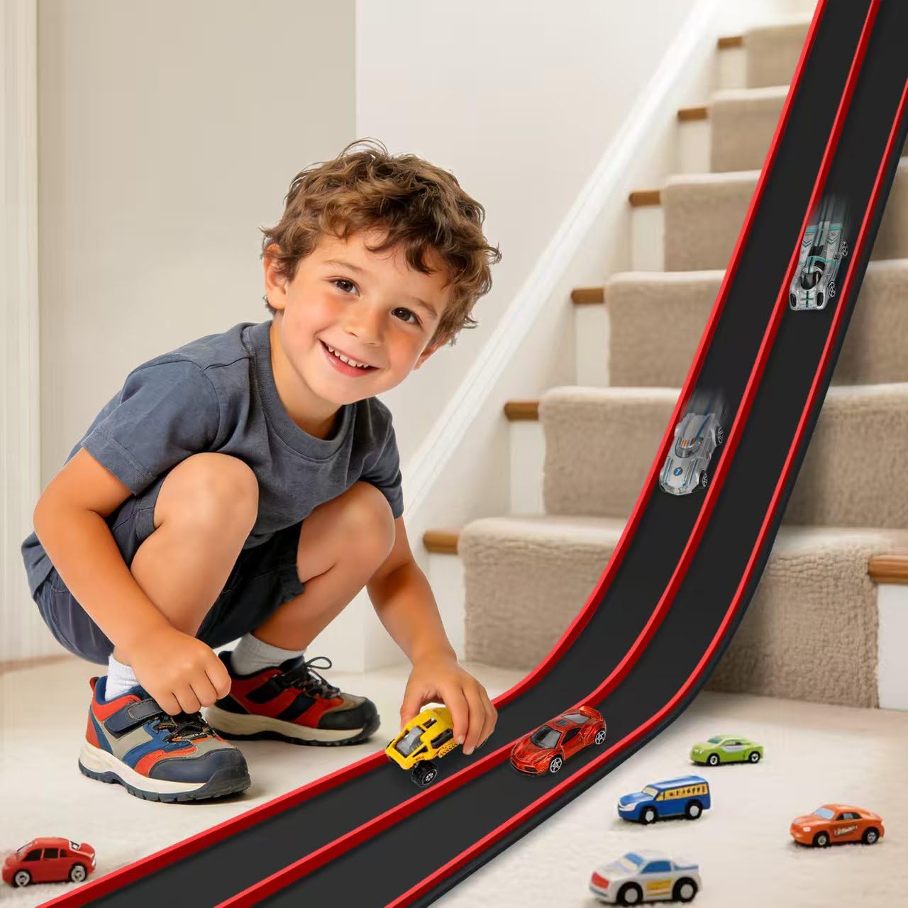 Vcsaq flexible track mounted on wall for space-saving racing fun.