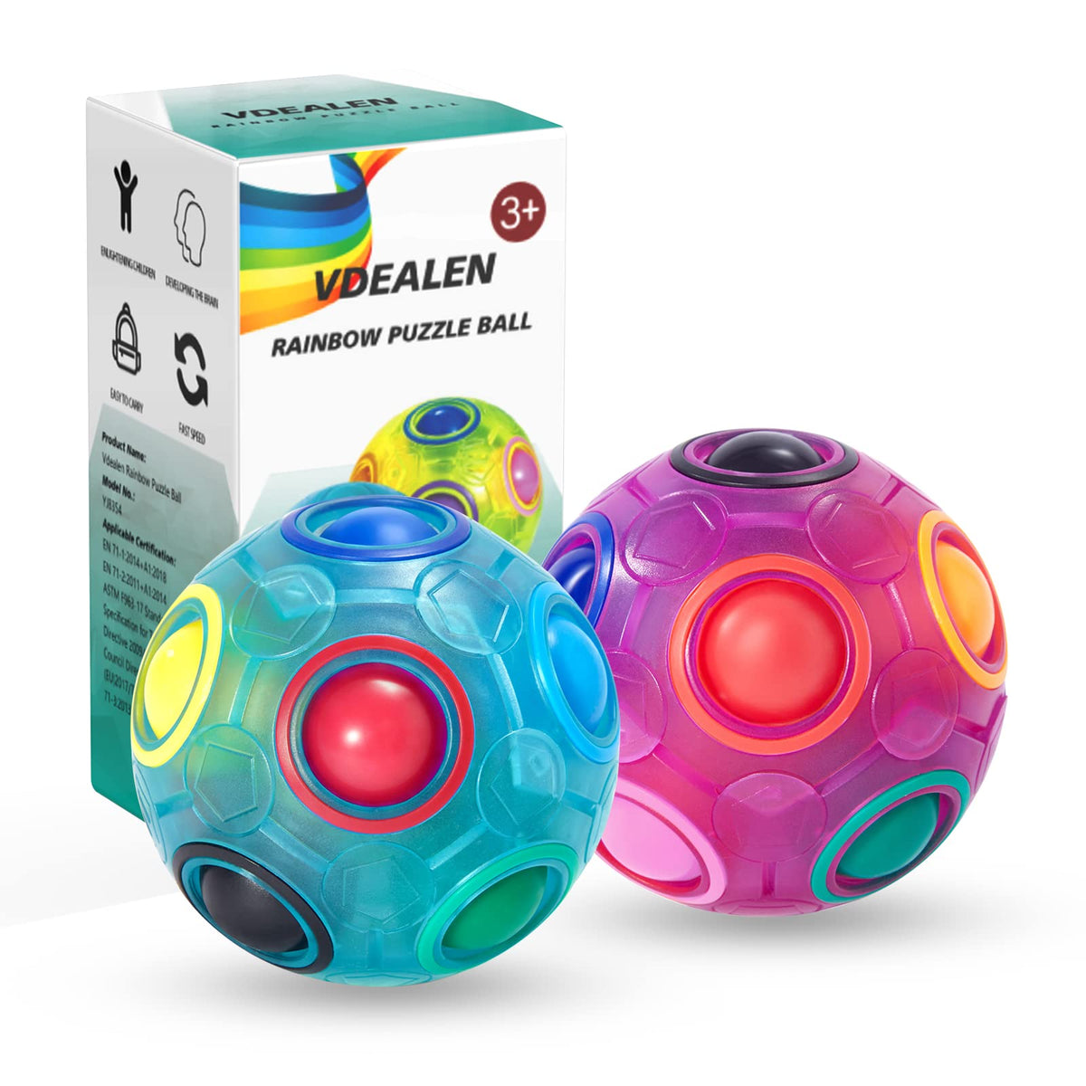 Vdealen Magic Rainbow Puzzle Ball close-up with vibrant inner beads and color rings.
