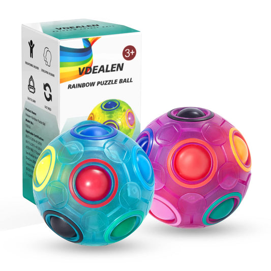 Vdealen Magic Rainbow Puzzle Ball close-up with vibrant inner beads and color rings.