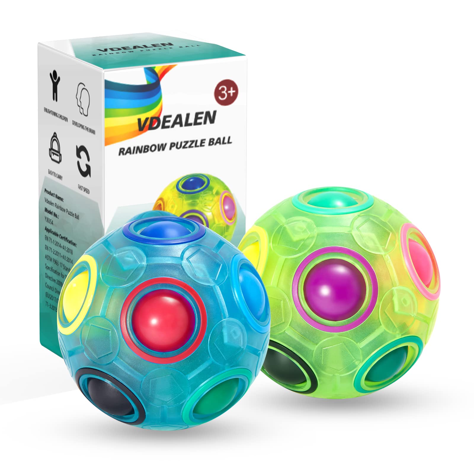 Vdealen Magic Rainbow Puzzle Ball overview, a compact fidget toy with vibrant colors for focus and fun.