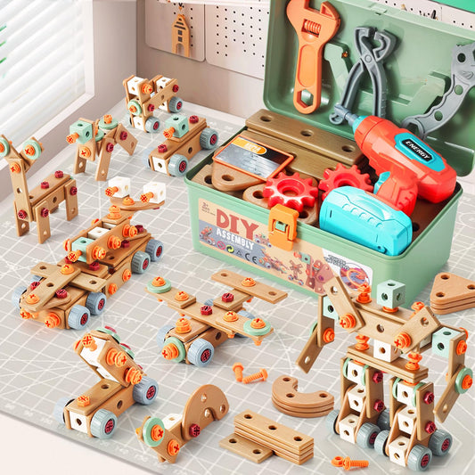 VEAIS kids tool set with drill in hand, enabling imaginative construction play.