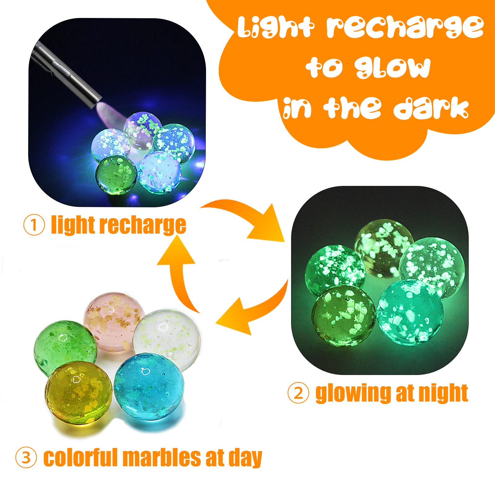 VEALIZUU glow-in-the-dark marbles after light exposure for evening fun.