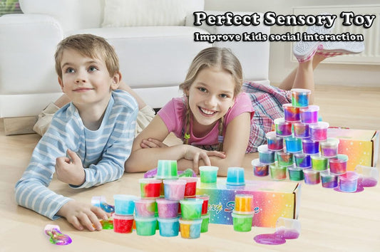 VebeGuk glitter multi-color slime cups for hands-on sensory play.