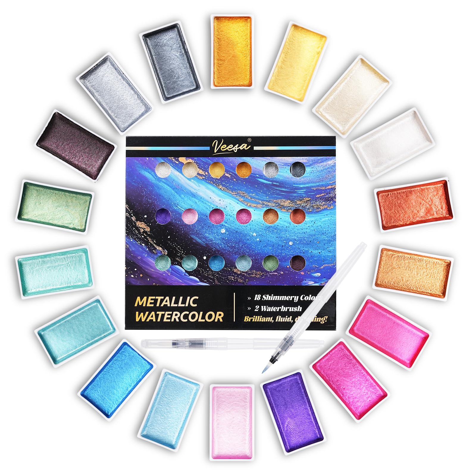 VEESA Metallic Watercolor 18‑Pan Set with two nylon brushes for premium results
