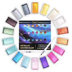 VEESA Metallic Watercolor 18‑Pan Set with two nylon brushes for premium results