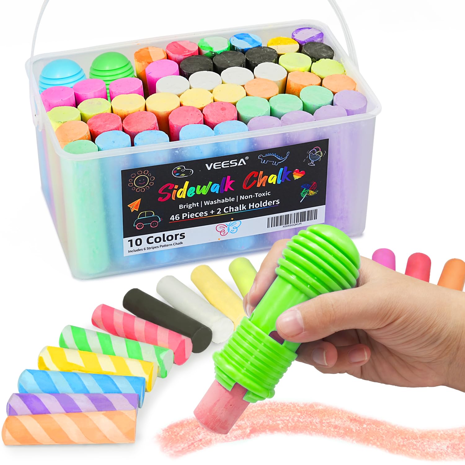VEESA sidewalk chalk 46-count bulk bucket for colorful driveway art and outdoor fun.