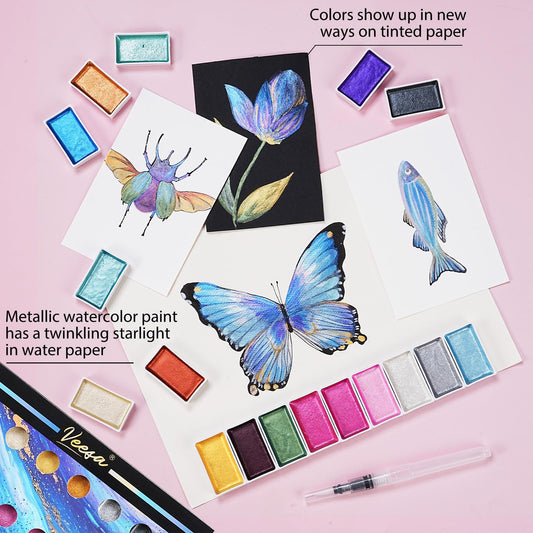VEESA Watercolor Set with nylon brushes enables smooth blending and gradients