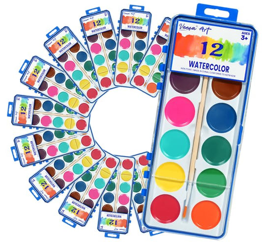 VEESA watercolor set with 12 colors in a box front view for creative play.