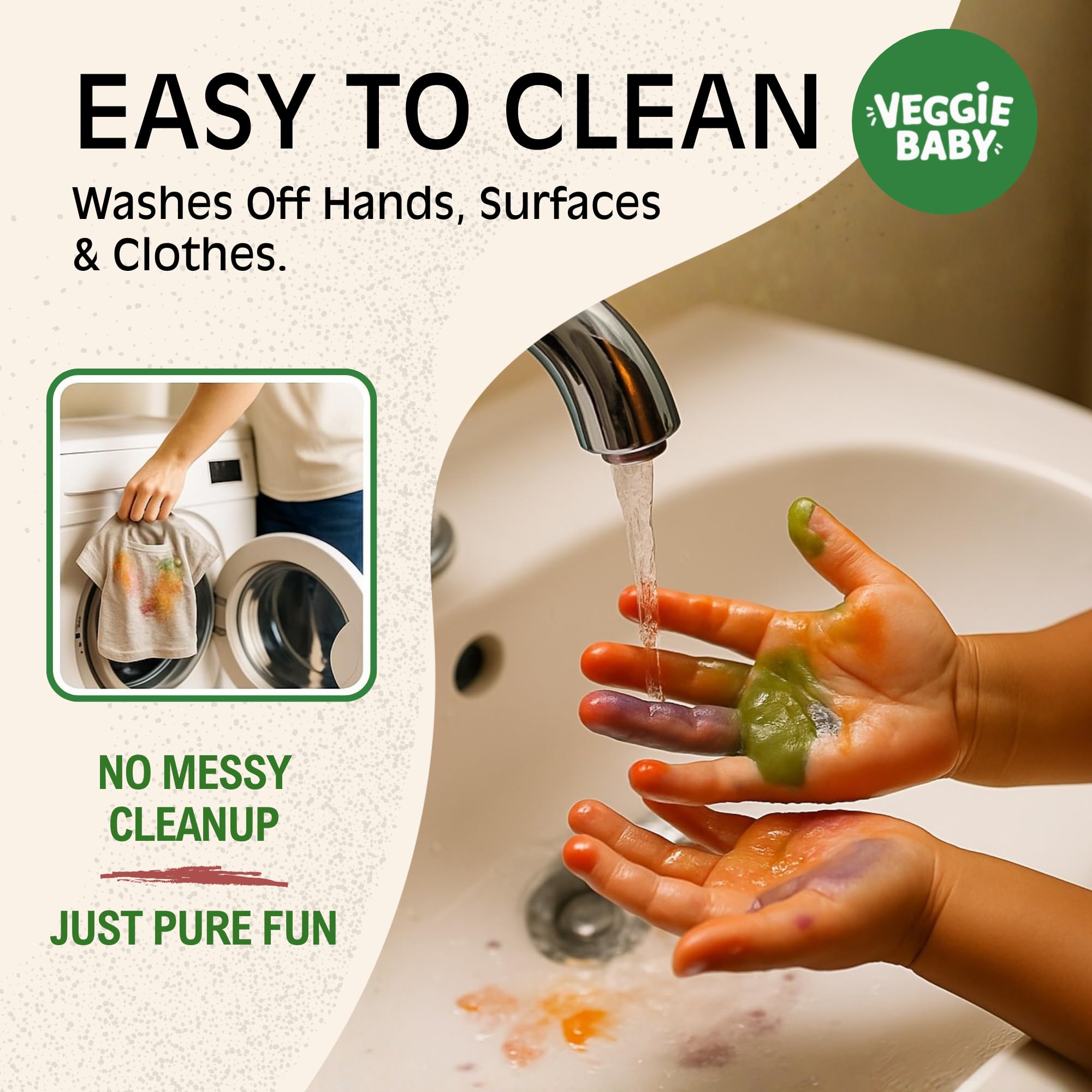 Veggie Baby easy cleanup image communicates simple washing from hands and surfaces.