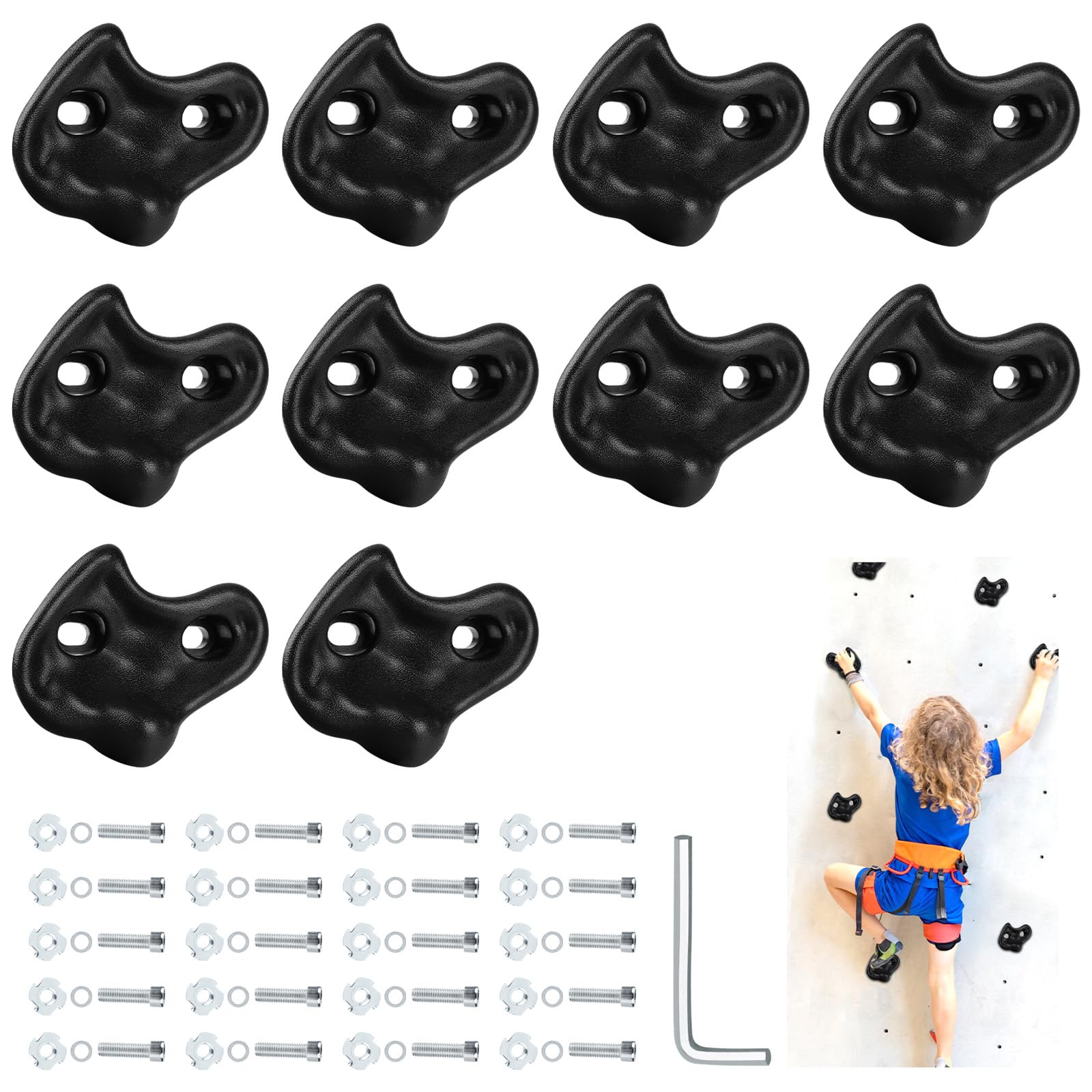 Veimia 10pcs black rock holds with mounting hardware for indoor climbing walls and kids' grip practice