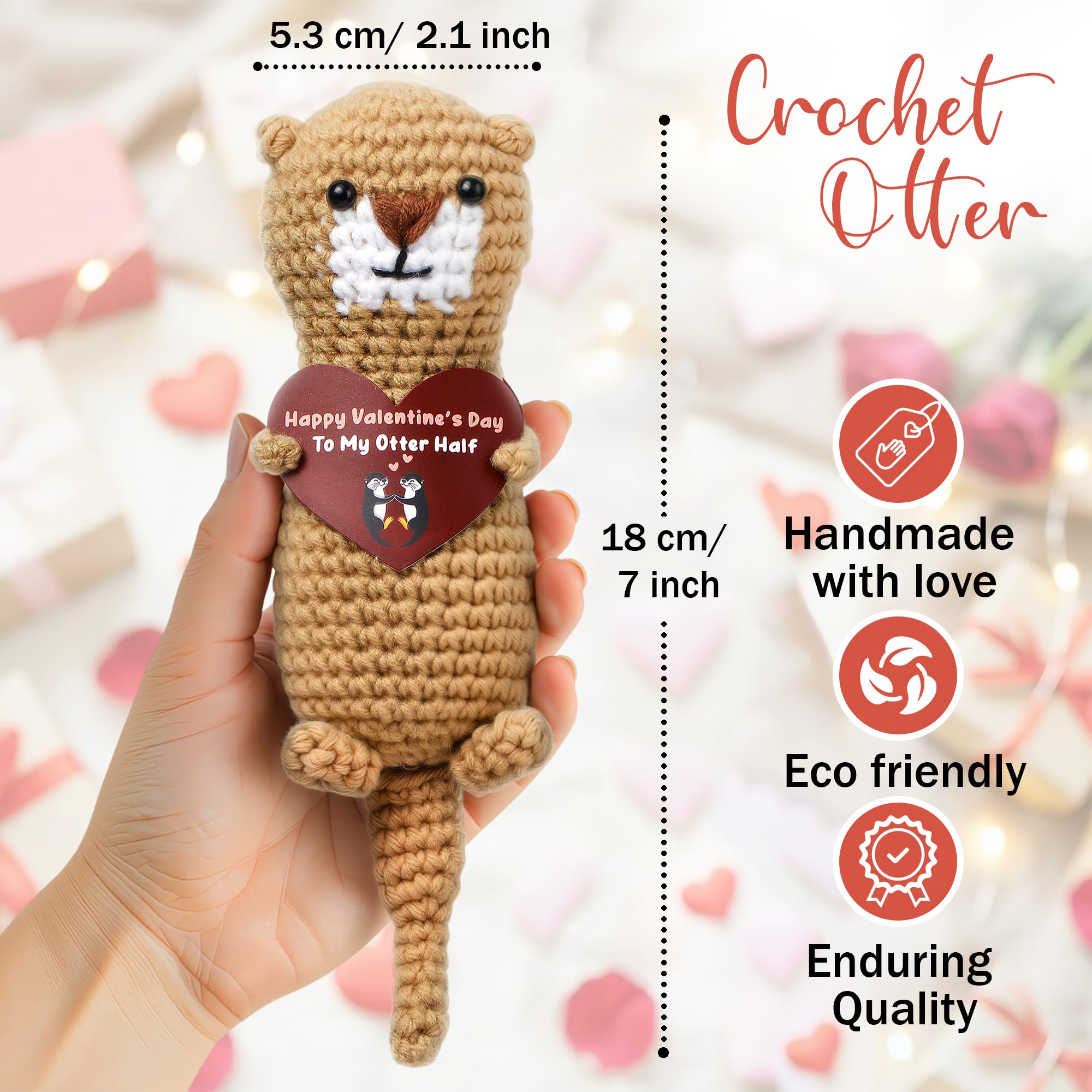 VELENTI handmade otter crochet with heart, cozy decor for bedside.
