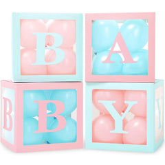 Vellax baby shower boxes arranged as pink and blue centerpiece for photos