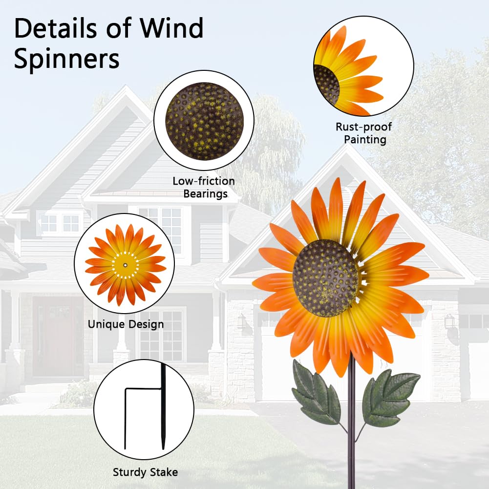 Venniy Sunflower Wind Spinner's yellow-orange petals shimmer in sunlight.