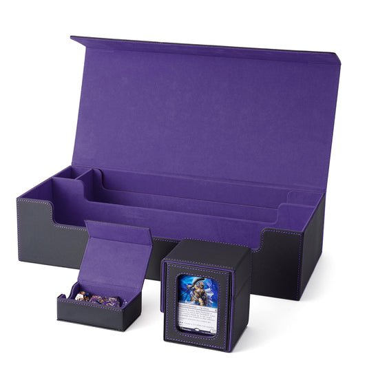 Venssu MTG deck box front view in black and purple for organized five-deck storage.