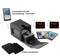 Venssu MTG deck box interior dimensions shown for multiple sleeved deck configurations.