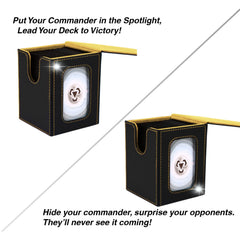 Venssu deck box top-loader view protects commander card while displayed.