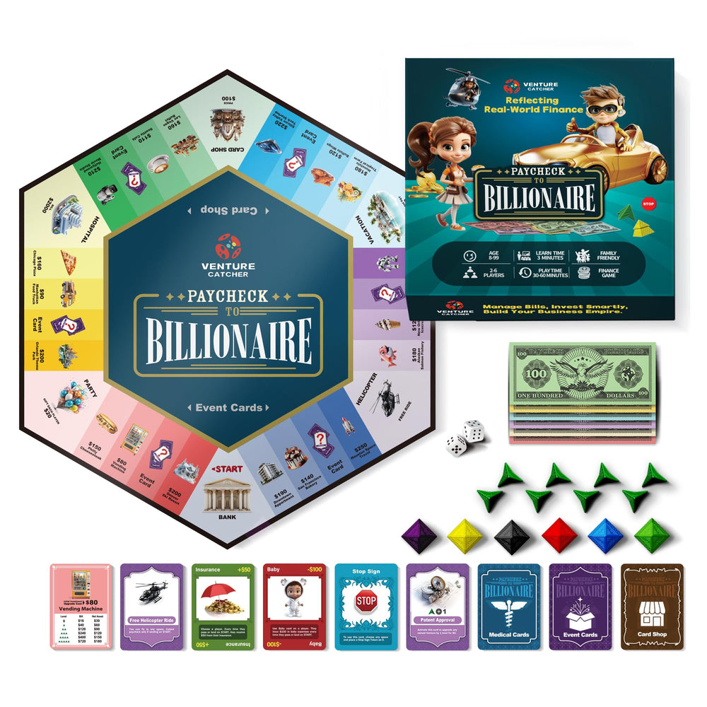 Paycheck to Billionaire cover art by Venture Catcher invites family-friendly financial learning.