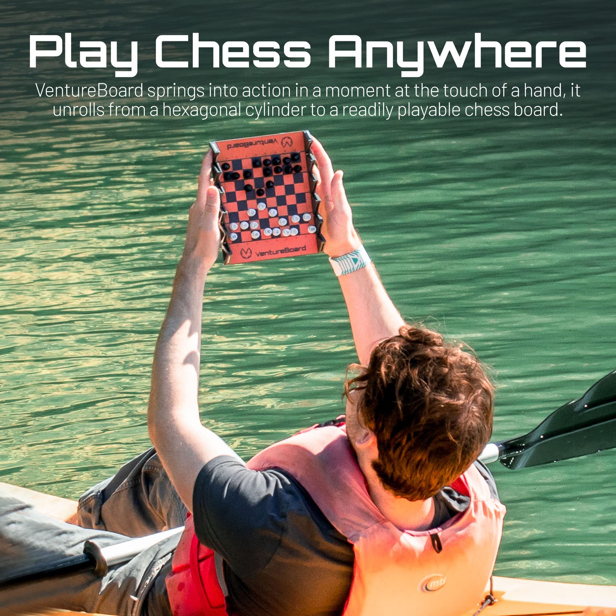 Compact travel-ready VentureBoard chess board ideal for on-the-go play.