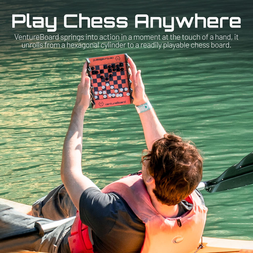 Compact travel-ready VentureBoard chess board ideal for on-the-go play.