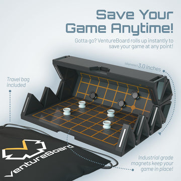 VentureBoard GO 9x9 pieces storage image showing magnetic stones and dice organized