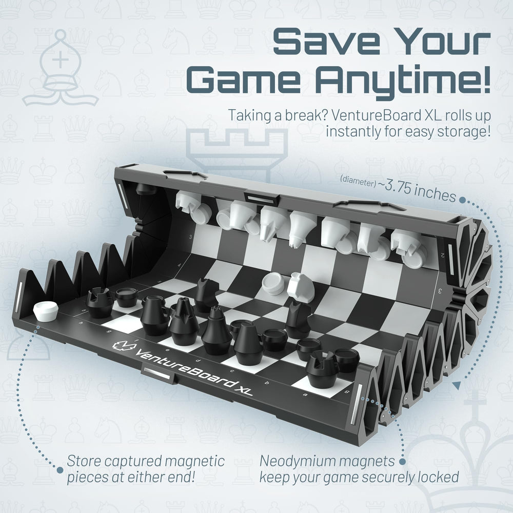 VentureBoard XL rolled shell with pieces in starting positions for instant setup.