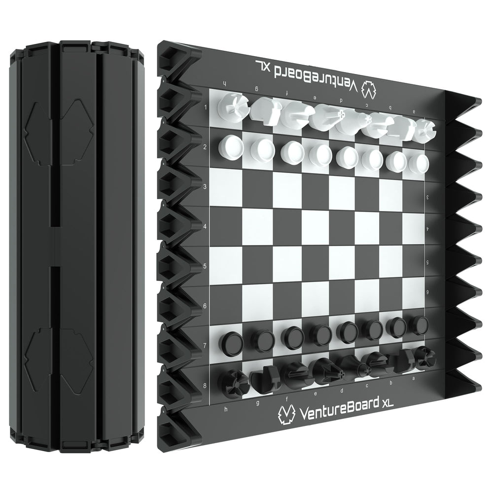 VentureBoard XL folding chess board rolled in compact shell for easy transport.