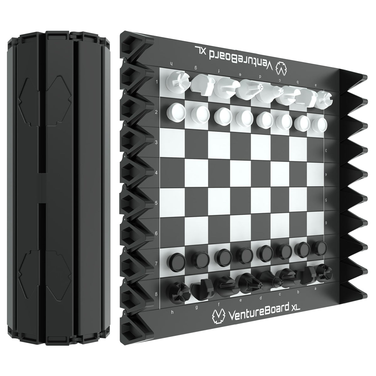 VentureBoard XL folding chess board rolled in compact shell for easy transport.