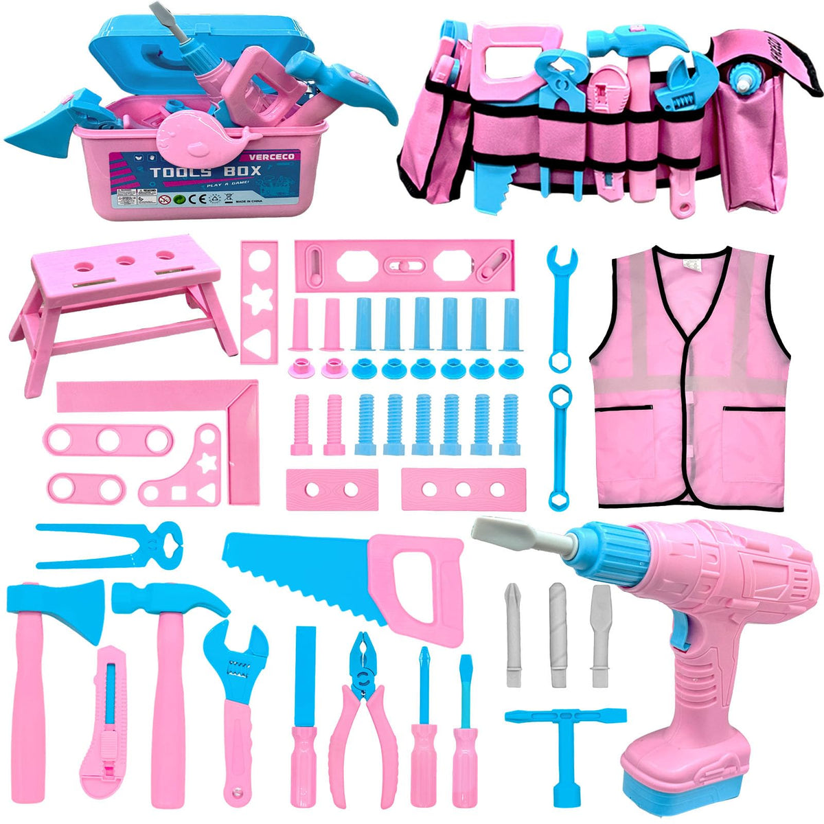 Verceco pink vest tool set ready for imaginative play and role play.