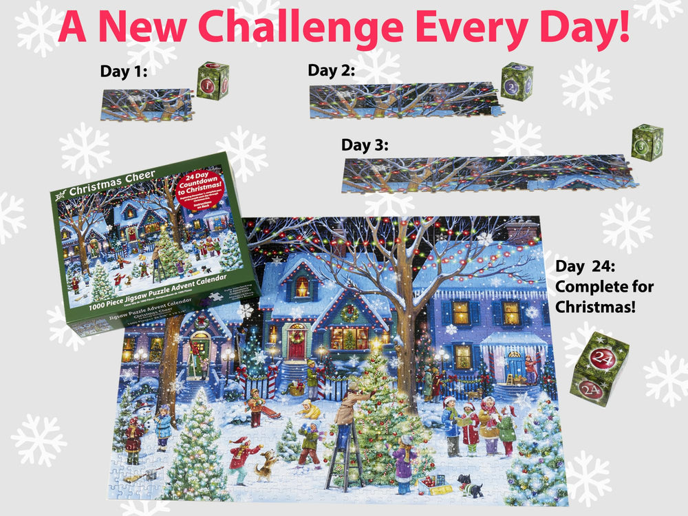 1000-piece puzzle pieces spread on a thick premium board by Vermont Christmas Company.